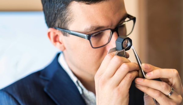 Man inspecting a diamond in a tweezer through a lens