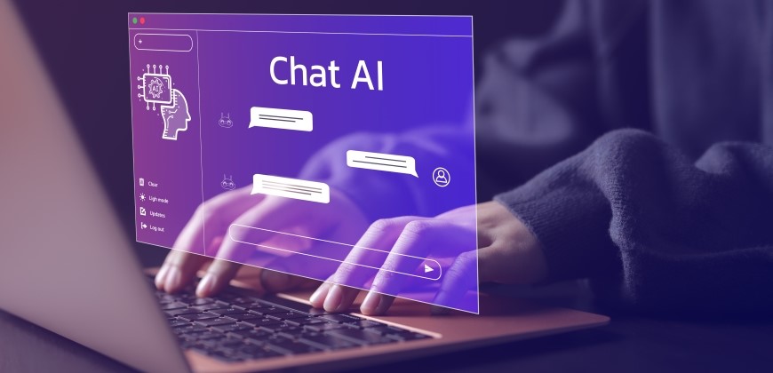 Hologram of a chat AI above a laptop