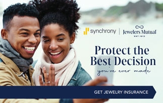 A couple taking a selfie showing their new engagement ring with callout to protect the best decision with synchrony and Jewelers Mutual®