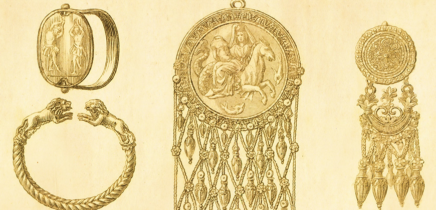 multiple pieces of golden ancient greek jewelry lay on golden flat lay