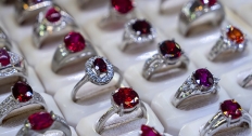 ruby rings in a display case