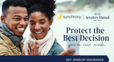A couple taking a selfie showing their new engagement ring with callout to protect the best decision with synchrony and Jewelers Mutual®